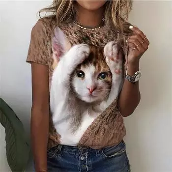 Футболка Kawaii Cat для женщин, летняя футболка с коротким рукавом и круглым вырезом, женская футболка с принтом котенка в стиле Харадзюку, новая модная женская одежда 6XL