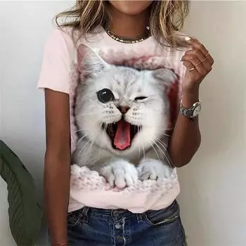 Футболка Kawaii Cat для женщин, летняя футболка с коротким рукавом и круглым вырезом, женская футболка с принтом котенка в стиле Харадзюку, новая модная женская одежда XXS