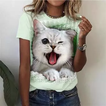 Футболка Kawaii Cat для женщин, летняя футболка с коротким рукавом и круглым вырезом, женская футболка с принтом котенка в стиле Харадзюку, новая модная женская одежда S