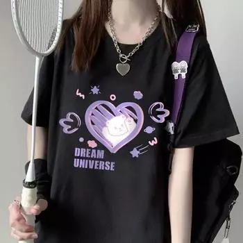 Футболка Kawaii Fashion Harajuku Top Goth Style Casual Crewneck Soft Cute Cartoon Bear Dream Universe Print S белый