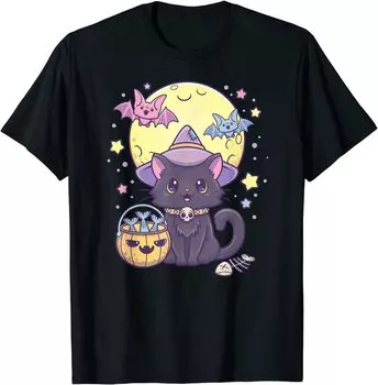 Футболка Kawaii Pastel Goth Cute Creepy Halloween Black Cat Witch Hat S