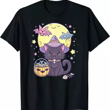 Футболка Kawaii Pastel Goth Cute Creepy Halloween Black Cat Witch Hat S