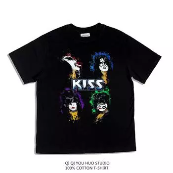 Футболка Kiss Album из хлопка с принтом, свободная, мужская и женская, одинаковая, черно-белая, с круглым вырезом, европейская и американская S