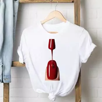 Футболка Леди Дизайн ногтей Прекрасная одежда для макияжа Женская футболка Женский топ с коротким рукавом Повседневная модная футболка Летние футболки с рисунком S белый