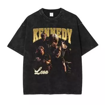 Футболка Леон С Кеннеди Компьютерная игра Винтажная стирка Топы Футболки Короткий рукав Футболка Ретро Толстовки Мужская 100% хлопок S