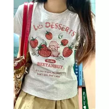 Футболка Les Dessert Strawberry & Letter Print, повседневная футболка с круглым вырезом и коротким рукавом для весны и лета, женская одежда M