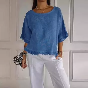 Футболка летнего однотонного цвета 2025 года — женская повседневная футболка с коротким рукавом и оборкой S абрикосовый