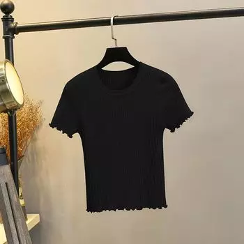 Футболка Летний Тонкий Топ с Рюшами Зеленый Короткий Рукав Black(FB-8440) M