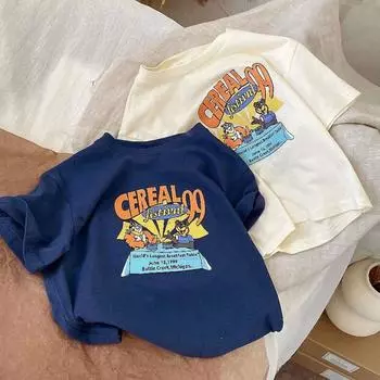 Футболка летняя детская 2024 года с принтом из мультфильмов, хлопковая, с коротким рукавом и круглым вырезом для мальчиков и девочек 150cm темно-синий