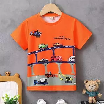 Футболка летняя для мальчиков с принтом мультяшной машины, мягкая, из смеси полиэстера и спандекса, повседневная, с круглым вырезом, молодежная, в стиле досуга, обычная версия футболки 100CM