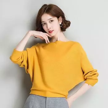 Футболка «летучая мышь», женская верхняя часть, ранняя осень, новый вариант пуловера, универсальный свободный рукав «летучая мышь», один воротник, вязаный базовый свитер one size чёрный