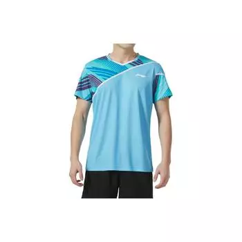 Футболка Li Ning Badminton Series Color Block Training Quick Dry Breathable Casual с коротким рукавом унисекс с волнами - синяя AAYU153-1 M