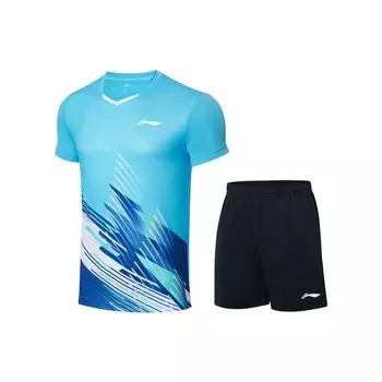 Футболка Li Ning Badminton Series Quick-Dry Cool с коротким рукавом и V-образным вырезом, прямые шорты со средней посадкой, баскетбольный комплект, спортивная одежда унисекс AATT021-3 S