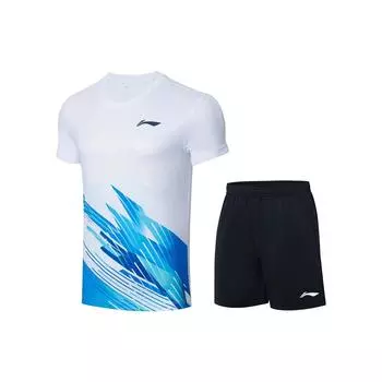 Футболка Li Ning Badminton Series Quick-Dry Cool с коротким рукавом и V-образным вырезом, прямые шорты со средней посадкой, баскетбольный комплект, спортивная одежда унисекс, белый цвет AATT021-4 XS