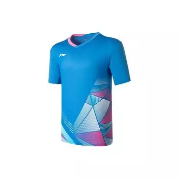 Футболка Li Ning Badminton Series с цветными блоками, дышащая, спортивная, с коротким рукавом, унисекс, синяя, AAYU129-4 XL