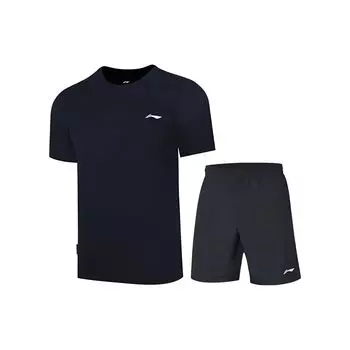 Футболка Li Ning Badminton Series с коротким рукавом, однотонная, дышащая, шорты с пятью точками, повседневный спортивный костюм, мужская спортивная одежда, черный цвет ATST655-1+AAPT551-1 S