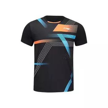 Футболка Li Ning Badminton Series с полосатым геометрическим узором, круглым вырезом, прямым кроем, коротким рукавом, мужские топы, черная AAYU137-1 L