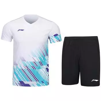 Футболка Li Ning Badminton Series с принтом V-образным вырезом, дышащая, универсальная, с коротким рукавом и шортами средней посадки, повседневный спортивный комплект унисекс, спортивный комплект AATU053-2 XL