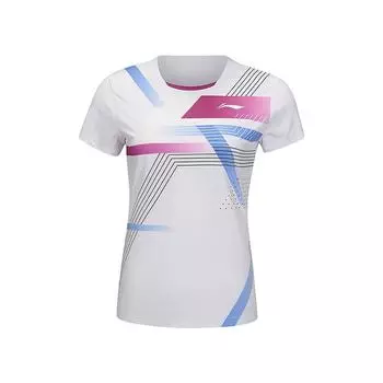 Футболка Li Ning Badminton Series в полоску с цветными блоками, быстросохнущая, прямого покроя, с коротким рукавом, женская, белая AAYU138-2 XL