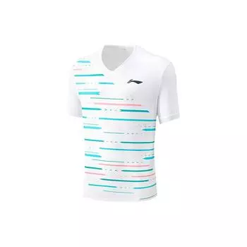 Футболка Li Ning Badminton Series в полоску с V-образным вырезом, спортивная, с коротким рукавом, унисекс, топы, стандартно-белые AAYU155-2 S