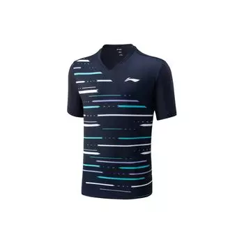 Футболка Li Ning Badminton Series в полоску с V-образным вырезом, спортивная, с коротким рукавом, унисекс, цвет чернильно-синий AAYU155-1 S