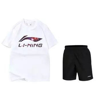 Футболка Li Ning Casual с круглым вырезом и коротким рукавом, дышащая, быстросохнущая, тканая, с шортами, комплект для мужчин, черный, белый, AHSS971-3+AKSS985-1 XL