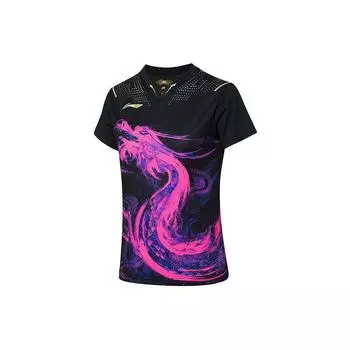 Футболка Li Ning Ping Pong Series Dragon Totem Print Sports Quick-Dry с коротким рукавом, женские топы, черные AAYR362-2 XL
