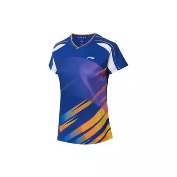Футболка Li Ning Ping Pong Series с полосатым логотипом, быстросохнущая, с V-образным вырезом и коротким рукавом, женские топы, синяя AAYS238-1 XS
