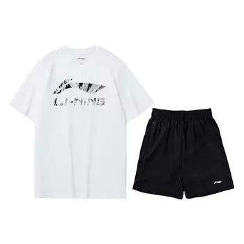 Футболка Li-Ning Reflective Series с логотипом и круглым вырезом, коротким рукавом, повседневный спортивный комплект, мужские топы, белый, черный ATST631-2+AKST633-1 XL
