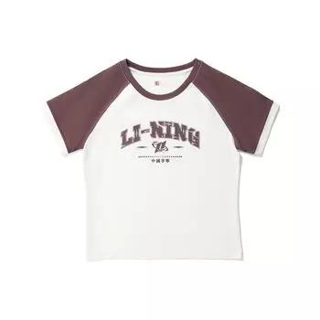Футболка Li Ning Reignite Series с цветным принтом и буквами, с круглым вырезом, повседневная, с коротким рукавом, реглан, женские топы, бежево-белые, грязно-серые, коричневые, AHSU264-1 L