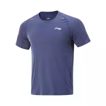 Футболка Li Ning Running Series с круглым вырезом и логотипом, облегающая, быстросохнущая, дышащая, с коротким рукавом, мужская, темно-синяя, ATSV005-3 M