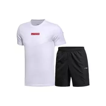 Футболка Li Ning Sports Lifestyle Series с однотонным логотипом и буквенным принтом, круглым вырезом и коротким рукавом, быстросохнущие шорты, комплект мужских топов ATST637-2+YKST061-1 S