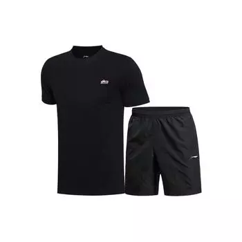 Футболка Li Ning Sports Lifestyle Series с вышитым логотипом, круглым вырезом и коротким рукавом, быстросохнущие шорты, комплект, мужские топы, черный цвет YHST167-2+YKST061-1 S