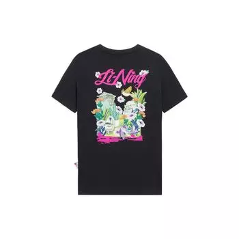 Футболка Li Ning Sports Trend Series с цветочным узором и круглым вырезом, короткими рукавами, женские топы, черная, AHSS314-2 XL