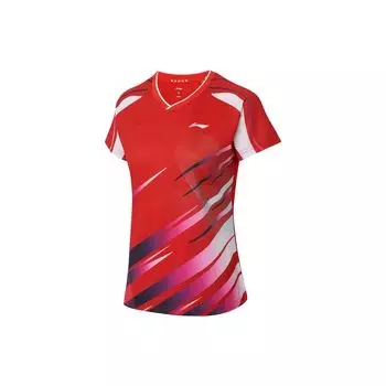 Футболка Li Ning Table Tennis Series с геометрическим узором и логотипом, быстросохнущая, с V-образным вырезом и коротким рукавом, женские топы, огненно-красный цвет AAYS238-2 XS