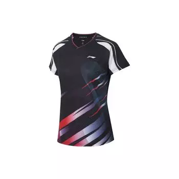 Футболка Li Ning Table Tennis Series с геометрическим узором и логотипом, быстросохнущая, с V-образным вырезом и коротким рукавом, женские топы, черная, AAYS238-3 XS