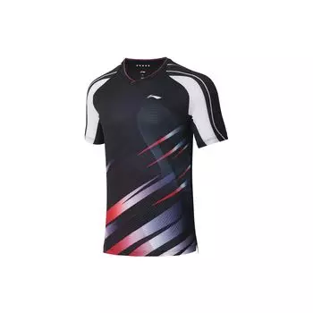 Футболка Li Ning Table Tennis Series с полосатым принтом и логотипом, быстросохнущая, с V-образным вырезом и коротким рукавом, обычная, мужская, черная AAYS237-3 S