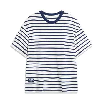 Футболка Li Ning Weekend Youth High Street American Vintage Striped Round Neck Casual Free Soft Short Sleeve Футболка Unisex Топы Off-White Deep-Navy AHSU659-3 XXL