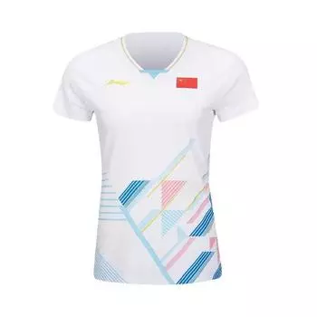 Футболка Li Ning Youth Team Badminton Competition из экологически чистой быстросохнущей дышащей ткани с цветными блоками и короткими рукавами для женщин, белые AAYT582-3 M