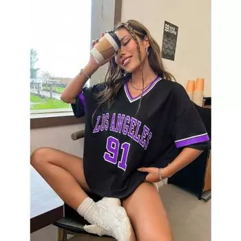 Футболка Los Angeles Number 91 женская летняя свободная футболка с V-образным вырезом Harajuku Trend с коротким рукавом женская уличная одежда топы унисекс S