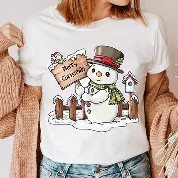 Футболка Maycaur Cute Snowman Merry Christmas для женщин с мультяшным принтом, черные футболки в стиле 90-х, модные рождественские подарки для девочек, рубашка S
