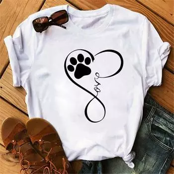 Футболка Maycaur Love Heart Paw, забавная женская футболка с рисунком, футболка с рисунком Harajuku Kawaii, футболка с коротким рукавом, милые женские футболки S