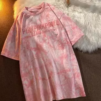 Футболка, модная футболка большого размера с половиной рукавом, женская футболка большого размера с принтом тай-дай, пуловер, футболка для свиданий L розовый
