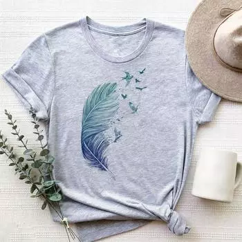 Футболка Модная футболка Одежда 90-х годов Милая милая футболка в стиле перьев Тенденция Повседневная женская футболка с коротким рукавом с принтом Женская женская футболка с графикой S