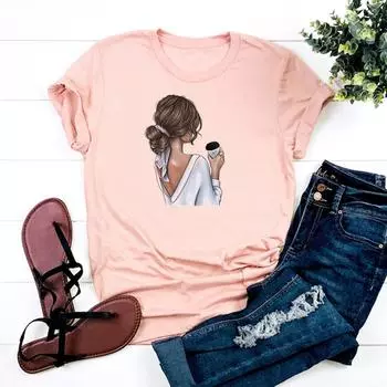 Футболка, модная футболка, одежда, милый стиль 90-х годов, милая кофейная повседневная женская футболка с коротким рукавом и принтом, женская футболка с графикой S