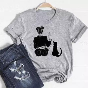 Футболка, модная футболка с котом, домашним животным, милый стиль, милая одежда 90-х годов, повседневная женская футболка с коротким рукавом и принтом, женская женская футболка с графикой S