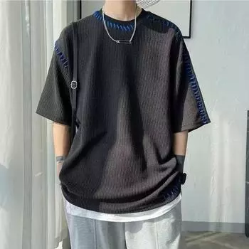 Футболка Модный эластичный пуловер с короткими рукавами, топ в стиле хип-хоп, однотонная футболка, уличная одежда XL чёрный