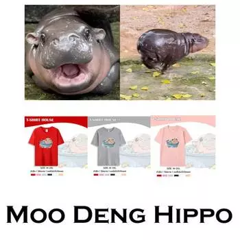 Футболка Moo Deng Tiny Baby Hippo Star Thailand Cute Pygmy Hippo Unisex для мужчин и женщин с принтом и круглым вырезом M
