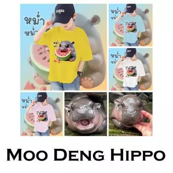 Футболка Moo Deng Tiny Baby Hippo Star Thailand Cute Pygmy Hippo Unisex для детей, мальчиков и девочек, с принтом арбуза, с коротким рукавом и круглым вырезом 100cm