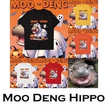 Футболка Moo Deng Tiny Baby Hippo Star Thailand Halloween Cute Pygmy Hippo Unisex для мужчин и женщин с принтом и круглым вырезом S